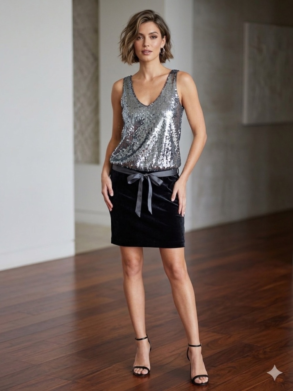 Silver Sequin & Black Velvet Mini Dress with Satin Tie